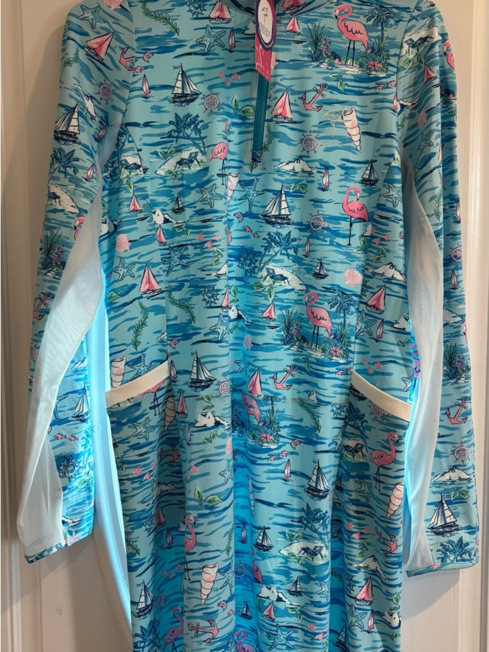 Soneven, Golf Long Sleeve Women's Beach-Print Dress, NWT, inner shorts, large